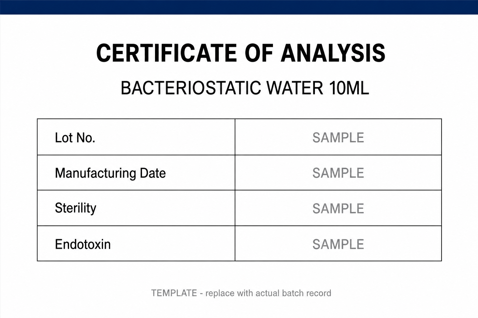 SAMPLE COA template for Bacteriostatic Water 10ML