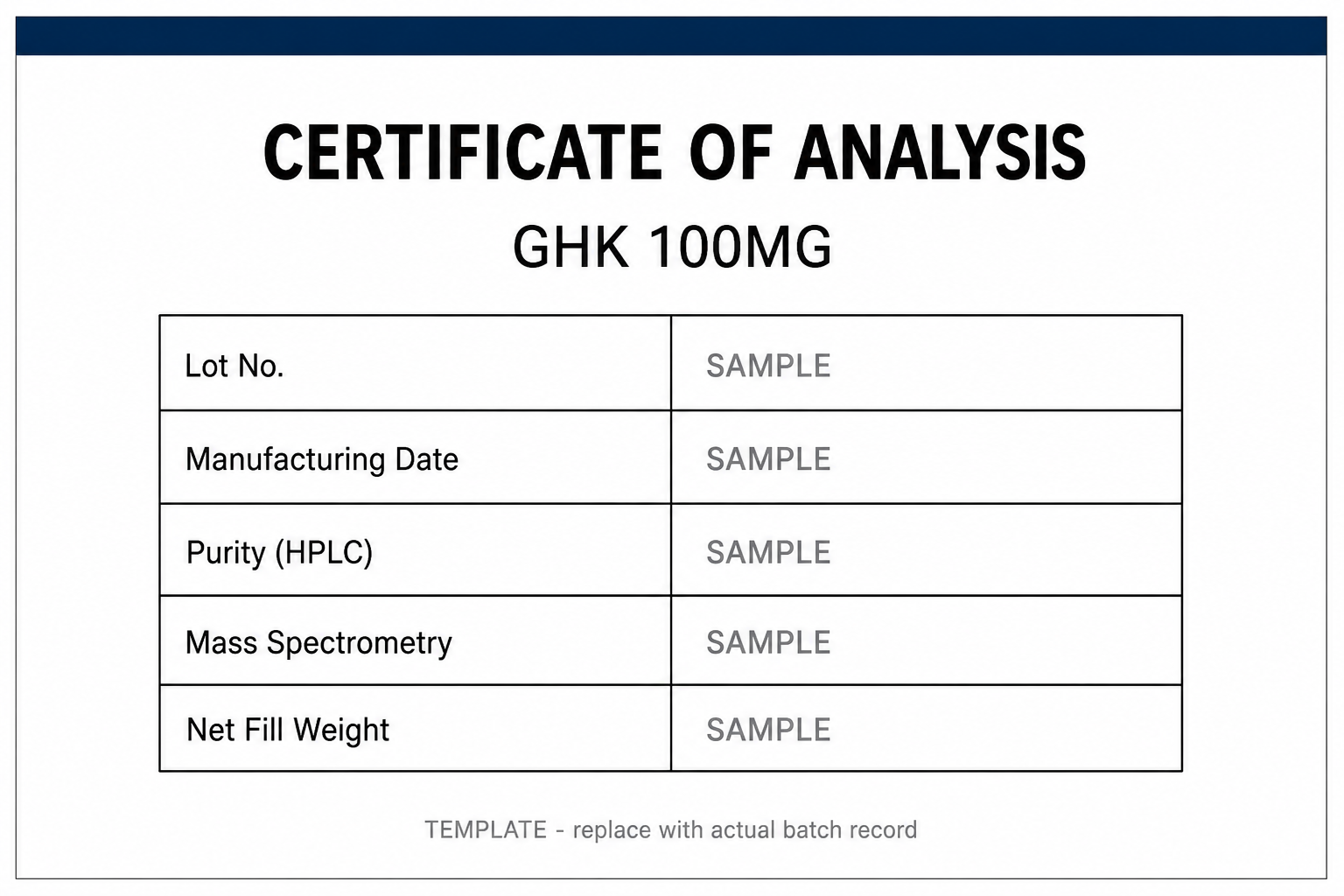SAMPLE COA template for GHK (Copper-free) 100MG