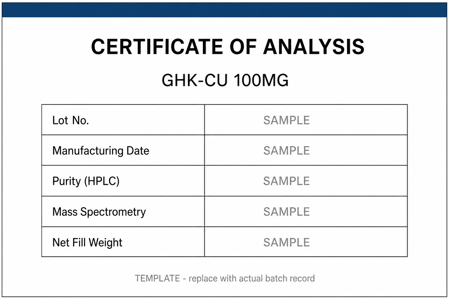 SAMPLE COA template for Copper Tripeptide-1 (GHK-Cu) 100MG