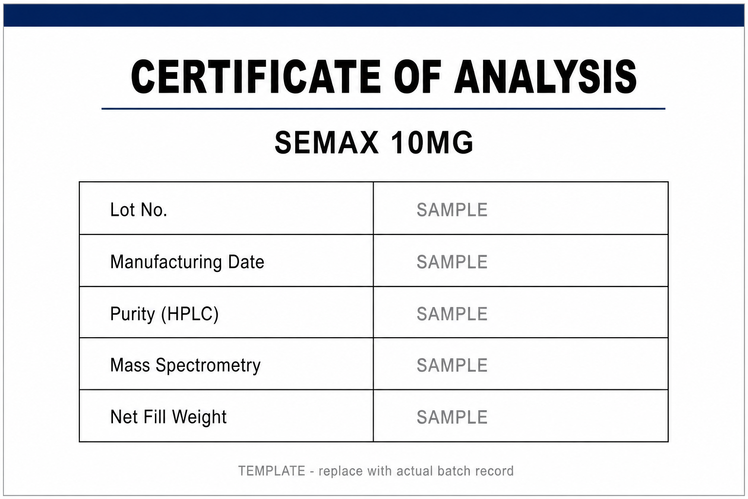 SAMPLE COA template for Semax 10MG